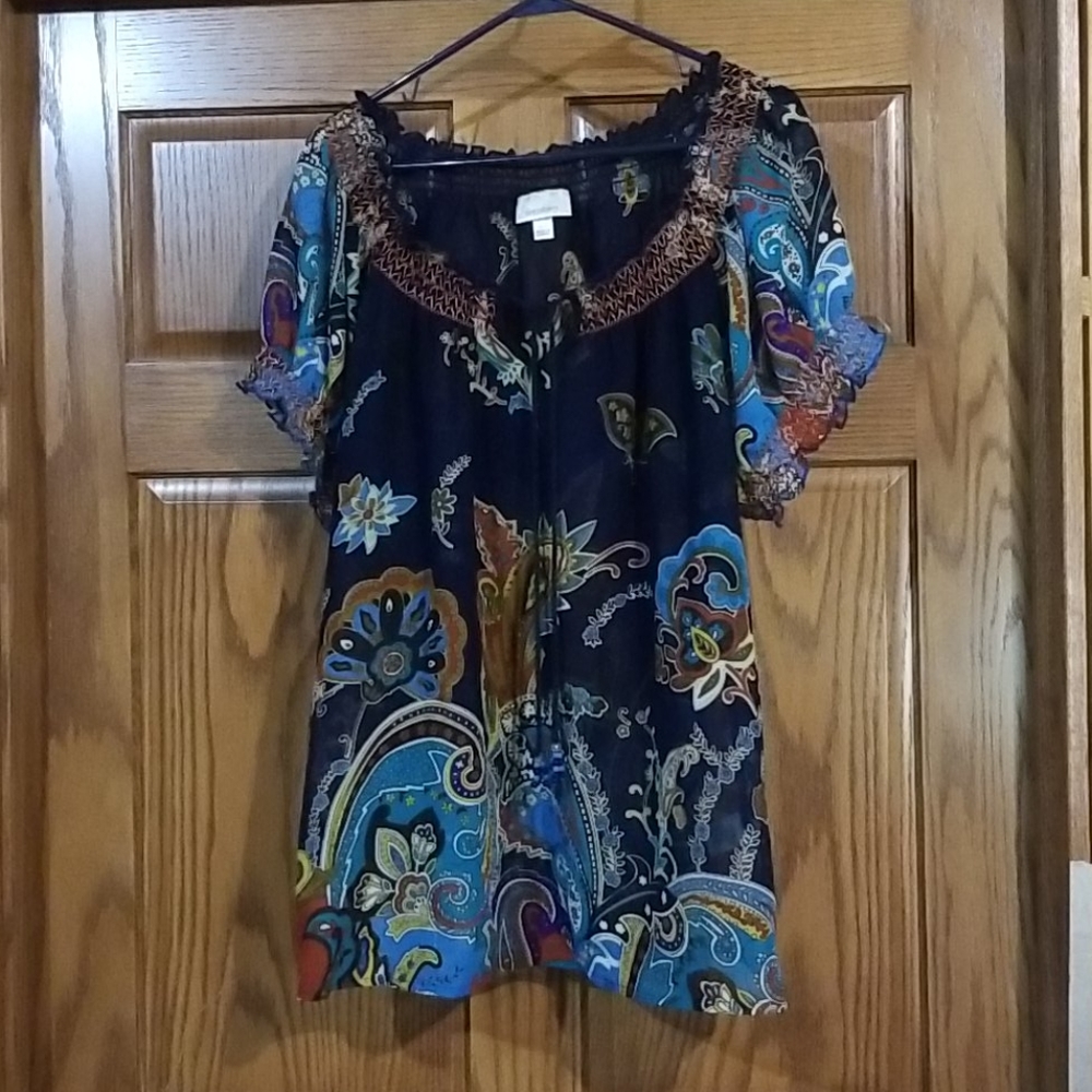 Dressbarn Sheer Navy Paisley Pattern Blouse